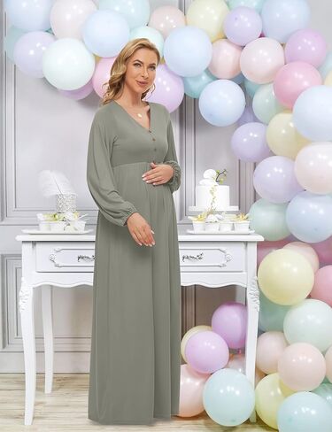 فستان حمل من بيوتي بيشوب بأكمام واسعة مع زر/فستان طويل للحمل لحفلات استقبال المولود الجديد (S-2XL) in Kuwait