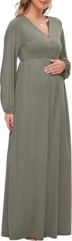 فستان حمل من بيوتي بيشوب بأكمام واسعة مع زر/فستان طويل للحمل لحفلات استقبال المولود الجديد (S-2XL) in Kuwait