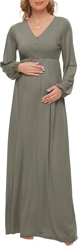 فستان حمل من بيوتي بيشوب بأكمام واسعة مع زر/فستان طويل للحمل لحفلات استقبال المولود الجديد (S-2XL) in Kuwait