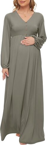 فستان حمل من بيوتي بيشوب بأكمام واسعة مع زر/فستان طويل للحمل لحفلات استقبال المولود الجديد (S-2XL) in Kuwait