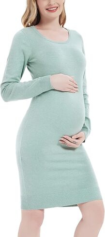 فستان سترة للحوامل من Bhome، فساتين حمل طويلة الأكمام، فتحة رقبة دائرية، فستان ضيق مناسب in Kuwait
