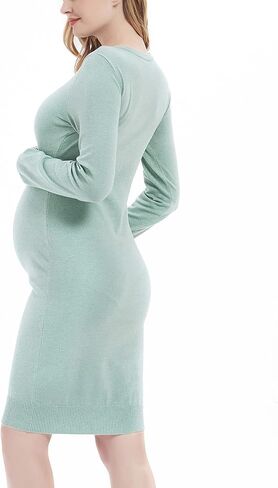 فستان سترة للحوامل من Bhome، فساتين حمل طويلة الأكمام، فتحة رقبة دائرية، فستان ضيق مناسب in Kuwait