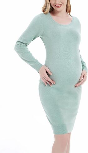 فستان سترة للحوامل من Bhome، فساتين حمل طويلة الأكمام، فتحة رقبة دائرية، فستان ضيق مناسب in Kuwait