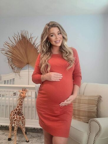 فستان سترة للحوامل من Bhome، فساتين حمل طويلة الأكمام، فتحة رقبة دائرية، فستان ضيق مناسب in Kuwait
