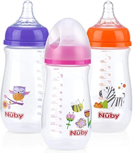 زجاجات نوبي تريتان واسعة الرقبة غير قابلة للتنقيط مع نظام هواء مضاد للمغص: 9 أونصة/ 270 مل، 3 عبوات، منذ الولادة فما فوق، أرجواني/وردي/برتقالي in Kuwait