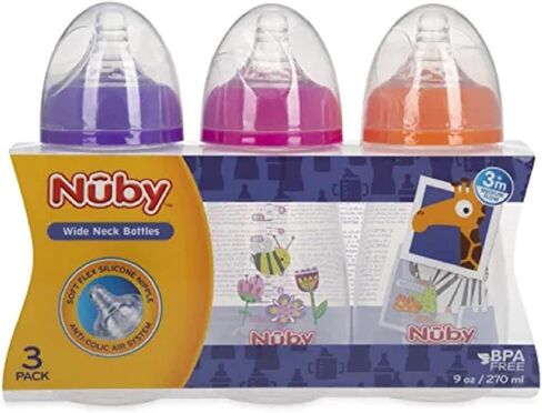 زجاجات نوبي تريتان واسعة الرقبة غير قابلة للتنقيط مع نظام هواء مضاد للمغص: 9 أونصة/ 270 مل، 3 عبوات، منذ الولادة فما فوق، أرجواني/وردي/برتقالي in Kuwait