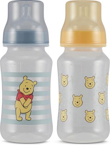 Disney Winnie The Pooh Baby Bottles 11 oz for Boys or Girls | 2 Pack of Infant Hourglass Shaped Bottles with Cover for Newborns and All Babies | BPA-Free Plastic Baby Bottle for Baby Shower in Kuwait