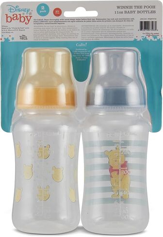 Disney Winnie The Pooh Baby Bottles 11 oz for Boys or Girls | 2 Pack of Infant Hourglass Shaped Bottles with Cover for Newborns and All Babies | BPA-Free Plastic Baby Bottle for Baby Shower in Kuwait