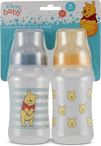Disney Winnie The Pooh Baby Bottles 11 oz for Boys or Girls | 2 Pack of Infant Hourglass Shaped Bottles with Cover for Newborns and All Babies | BPA-Free Plastic Baby Bottle for Baby Shower in Kuwait
