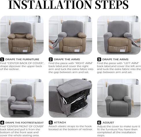 FIGOOO Recliner Sofa Slipcover 4-Piece Stretch Recliner Chair Covers Non Slip Jacquard Recliner Cover with Pockets Reclining Couch Covers Furniture Protector for Dogs Cats(Grey Feather,1 Seater) in Kuwait