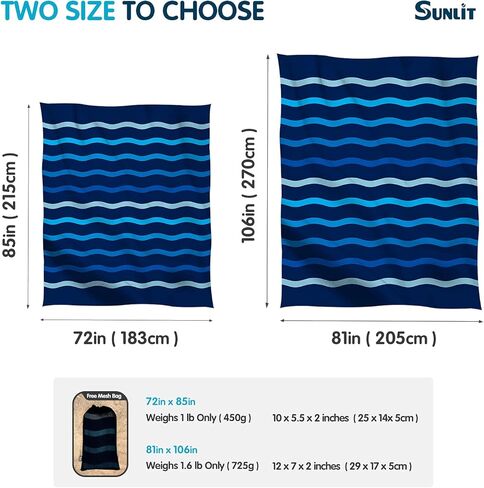 بطانية شاطئ حريرية ناعمة مقاومة للرمل مقاس 106 بوصة × 81 بوصة / 85 بوصة × 72 بوصة حصيرة مقاومة للرمال مع جيوب زاوية وحقيبة شبكية لحفلات الشاطئ والسفر والتخييم ومهرجان الموسيقى في الهواء الطلق، منحنى موجة أزرق داكن in Kuwait