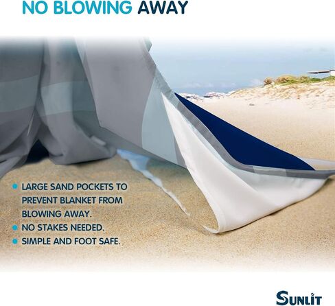 بطانية شاطئ حريرية ناعمة مقاومة للرمل مقاس 106 بوصة × 81 بوصة / 85 بوصة × 72 بوصة حصيرة مقاومة للرمال مع جيوب زاوية وحقيبة شبكية لحفلات الشاطئ والسفر والتخييم ومهرجان الموسيقى في الهواء الطلق، منحنى موجة أزرق داكن in Kuwait