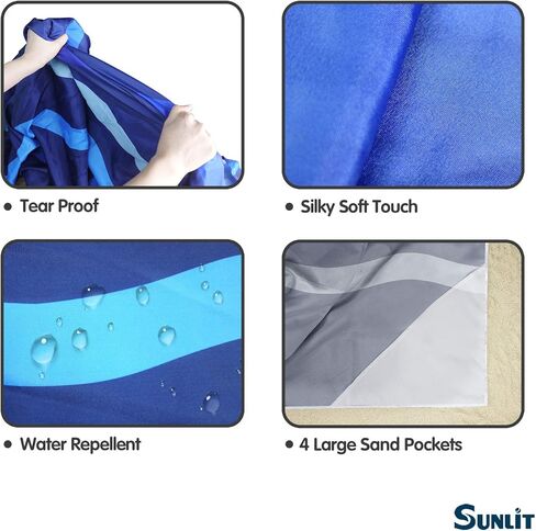بطانية شاطئ حريرية ناعمة مقاومة للرمل مقاس 106 بوصة × 81 بوصة / 85 بوصة × 72 بوصة حصيرة مقاومة للرمال مع جيوب زاوية وحقيبة شبكية لحفلات الشاطئ والسفر والتخييم ومهرجان الموسيقى في الهواء الطلق، منحنى موجة أزرق داكن in Kuwait