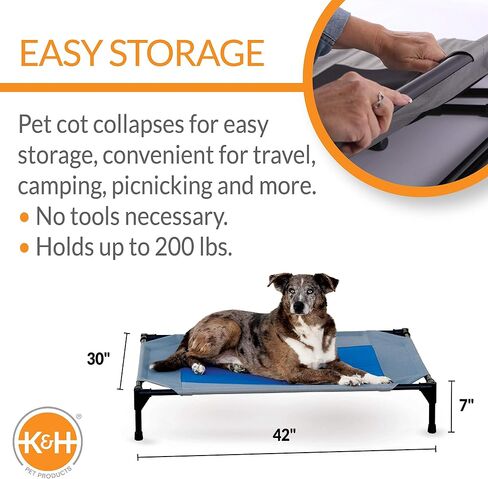 سرير الحيوانات الأليفة من K&H Pet Products، بساط تبريد مرتفع للكلاب، سرير كلب رائع للكلاب الكبيرة، معدات تخييم الكلاب، سرير كلب مرتفع في الهواء الطلق مع مركز تبريد - رمادي/أزرق، كبير 30 × 42 × 7 بوصة in Kuwait