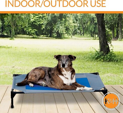 سرير الحيوانات الأليفة من K&H Pet Products، بساط تبريد مرتفع للكلاب، سرير كلب رائع للكلاب الكبيرة، معدات تخييم الكلاب، سرير كلب مرتفع في الهواء الطلق مع مركز تبريد - رمادي/أزرق، كبير 30 × 42 × 7 بوصة in Kuwait