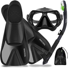 مجموعة أدوات الغطس والغوص من WACOOL للبالغين مع زعانف جيب قصيرة للسباحة كاملة القدم ومضادة للضباب، قطعة فم زجاجية من السيليكون المطلية بالضباب، صمام تطهير ومضاد للرذاذ in Kuwait