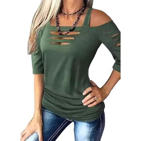 Cut Out Cold Shoulder Square Collar Shirt Women Lacerated 3/4 Sleeve Blouse Cut Out Sexy Hollow Out Casual Tee Tops in Saudi Arabia