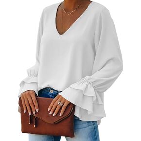 LYANER Women's Casual V Neck Tiered Ruffle Bell Long Sleeve Blouse Shirt Tunic Top
