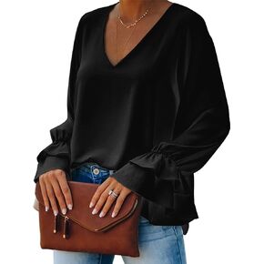 LYANER Women's Casual V Neck Tiered Ruffle Bell Long Sleeve Blouse Shirt Tunic Top in Saudi Arabia