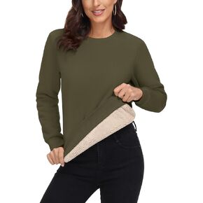 MAGCOMSEN المرأة شيربا اصطف بلوزات الحرارية عادية Crewneck كنزة صوف شتاء دافئ سميكة طويلة الأكمام بلايز in Saudi Arabia
