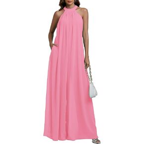 LYANER Women's Halter Neck Sleeveless Chiffon Wide Leg Long Pants Jumpsuit Romper