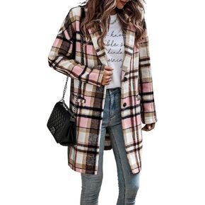 Himythe Women's Long Plaid Shirt Jacket Shacket Casual Lapel Button Down Wool Blend Tartan Trench Coat With Pockets
