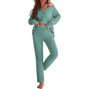 Ekouaer Womens Waffle Knit Pajamas Loungewear Two-piece Sleepwear Button-Down Pj Set with Pockets