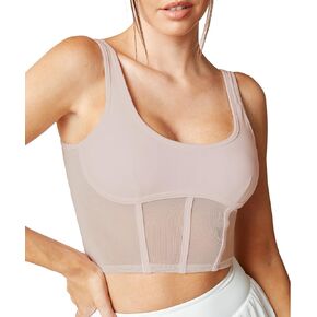 Mustcan Open Back Padded Built-in Sports Bra Longline Mesh Sports Bras Low Back Yoga Fitness Workout Crop Top Tank Bra