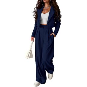 KIRUNDO Women's Two Piece Outfits Business Casual Cropped Blazer Jackets and Wide Leg Pants Suit Sets Work Clothes