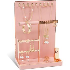 KAMIER Jewelry Holder Organizer Jewelry Stand, 4-Tier Cute Jewelry Rack Display Tower Necklace Stand with 10 Hooks, Aesthetic Jewelry Tree Bracelet Watch Holder with 16 Earring Holders,Beige