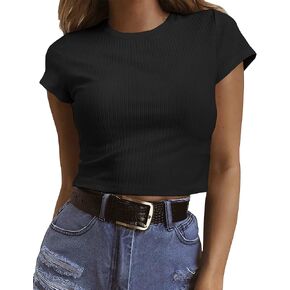 Artfish Women's Short Sleeve Knit Ribbed Crop Top Teen Basic Tee Shirts