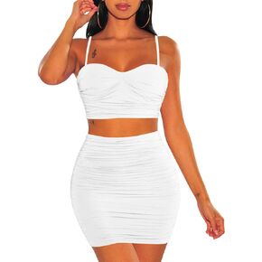 BEAGIMEG المرأة السباغيتي حزام مثير الأعلى Bodycon تنورة Ruched 2 قطعة فستان قصير in Kuwait