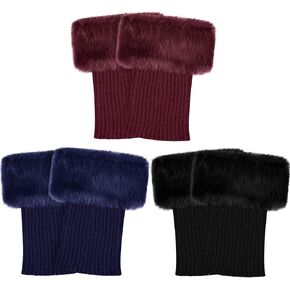 3 Pairs Women Faux Fur Trim Boot Cuff Winter Knitted Furry Top Cover Leg Warmers Girls Boot Socks