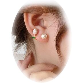 Sgoeths 2 Pairs Tulip Earrings for Women Pearl Flower Stud Cuff Earrings For Girls Tulip Pearl Jacket Front and Back Earrings For Party Christmas Jewelry Gift in Saudi Arabia