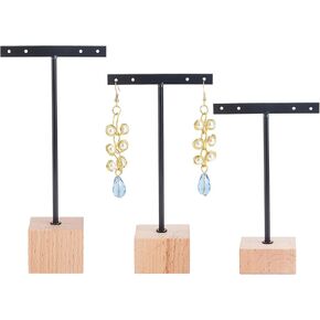 FINGERINSPIRE 3 Pcs Gold Metal T Bar Earring Display Stand 6.3/5.5/4.5 Inch Height Jewelry Stand with Wooden Square Base Earring Hanging Holders Jewelry Organizer for Store Retail Photography Props in Saudi Arabia