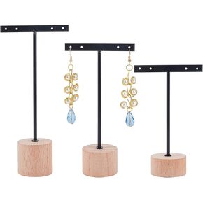 FINGERINSPIRE 3 قطع من المعدن الذهبي T Bar Earring Display Stand 6.3/5.5/4.5 بوصة ارتفاع حامل المجوهرات مع قاعدة مربعة خشبية حلق معلق حامل مجوهرات منظم لمتجر البيع بالتجزئة دعائم التصوير الفوتوغرافي in Saudi Arabia