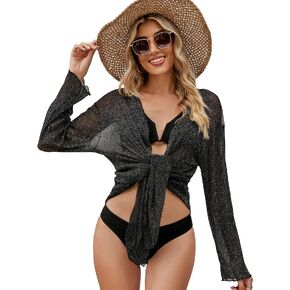 EDIMENS Bathing Suit Cover Ups for Women Long Sleeve Pearls Sheer Mesh Beach Cover Ups Swimwear Swimsuit Coverup for Women in Kuwait