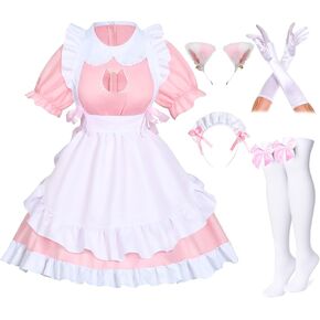 Anime French Cat Maid Apron Fancy Dress Cosplay Costume Headwear Gloves Socks Set(Black 3XL)