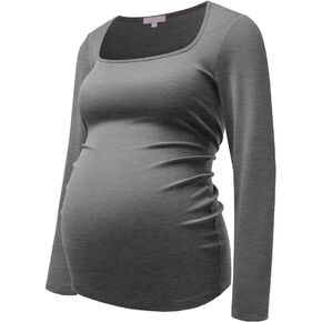 Bhome Maternity Shirt Square Neck Long Sleeve Slim Fitted Maternity Top Pregnant Shirt