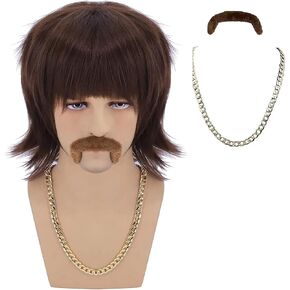 Cfalaicos 3-Pieces Chain and Moustache and Short Brown Costume Wig 60S 70S Mens Party Wig (Sonny Bono Short Brown) in Kuwait