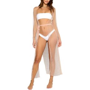 Sexy Women's Sheer Mesh Pearl Rhinestone Cover Up Dress Beach Sheer Mesh Bikini Cover Up