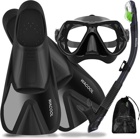 WACOOL Adults Snorkeling Snorkel Scuba Diving Package Set Gear with Travel Full Foot Short Swim Pocket Fins Anti-Fog Coated Glass Silicon Mouth Piece Purge Valve and Anti-Splash in Kuwait
