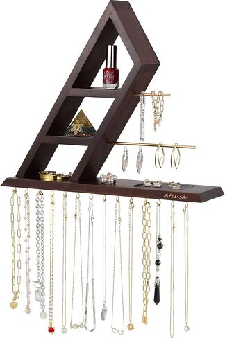 Ateusa Wooden Necklace Holder Wall Mount Jewelry Holder Stand and Earring Holder Organizer Boho Wall Decor Jewelry Organizer with 14 Hooks 2 CopperRods | Gift Ideas, for Women. Natural in Kuwait