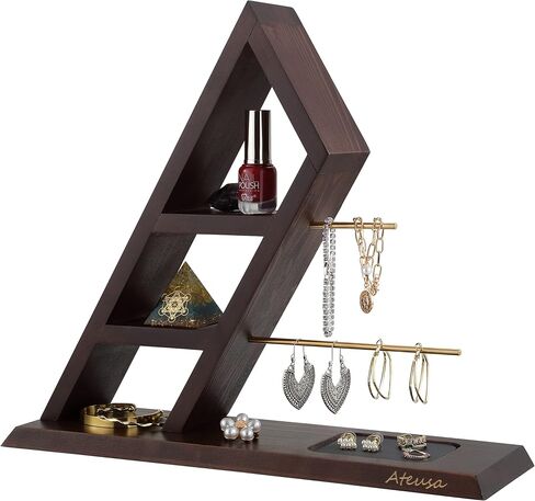 Ateusa Wooden Necklace Holder Wall Mount Jewelry Holder Stand and Earring Holder Organizer Boho Wall Decor Jewelry Organizer with 14 Hooks 2 CopperRods | Gift Ideas, for Women. Natural in Kuwait