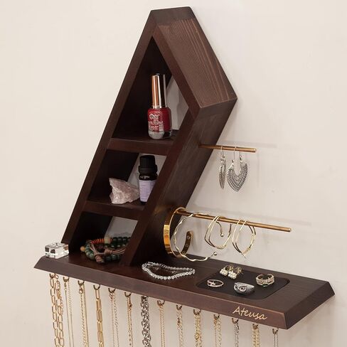 Ateusa Wooden Necklace Holder Wall Mount Jewelry Holder Stand and Earring Holder Organizer Boho Wall Decor Jewelry Organizer with 14 Hooks 2 CopperRods | Gift Ideas, for Women. Natural in Kuwait