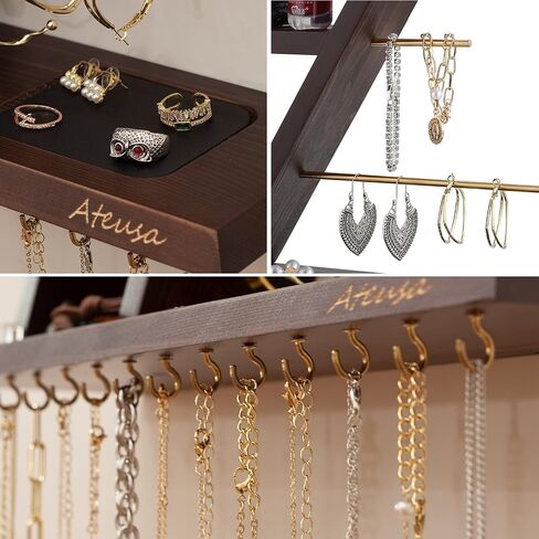 Ateusa Wooden Necklace Holder Wall Mount Jewelry Holder Stand and Earring Holder Organizer Boho Wall Decor Jewelry Organizer with 14 Hooks 2 CopperRods | Gift Ideas, for Women. Natural in Kuwait