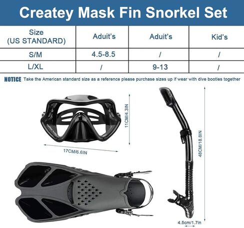 مجموعة كريتي ماسك فين للغوص مع معدات الغطس للبالغين، قناع غوص ذو رؤية بانورامية، زعانف رحلة، أنبوب للغطس العلوي الجاف + حقائب سفر، أنبوب للغطس للسباحة في اللفة in Kuwait