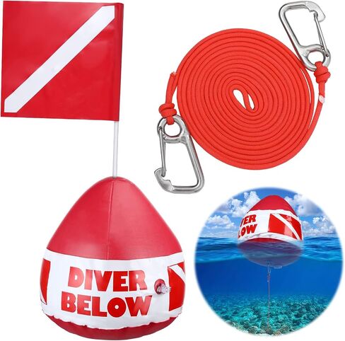 Maitys 2 Pieces Heavy Duty PVC Dive Flag Float Freediving Rope Set Inflatable Signal Floater with Dive Flag Freediving Lanyard Leash for Snorkeling Water Sport Signaling Swimming Boating Fishing in Saudi Arabia