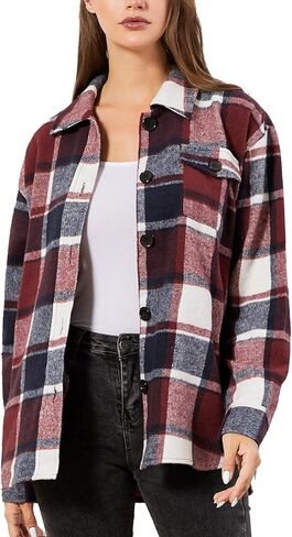 سترة نسائية من قماش الفلانيل منقوشة من TRENDSTITCH بأكمام طويلة قمصان غير رسمية بأزرار للأسفل مع جيوب ملابس خريف 2023 in Kuwait