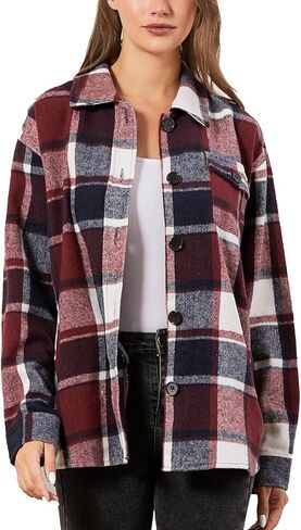 سترة نسائية من قماش الفلانيل منقوشة من TRENDSTITCH بأكمام طويلة قمصان غير رسمية بأزرار للأسفل مع جيوب ملابس خريف 2023 in Kuwait